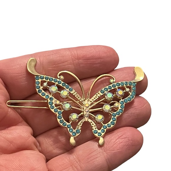 Elegant Gold and Blue Crystal Rhinestone Butterfly Hair Clip 3.0” - Picture 1 of 3